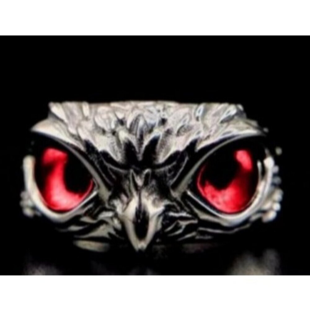 Silver Stainless Steel Red Eye Owl Statement Ring Nickel Free Halo Vintage Y2K